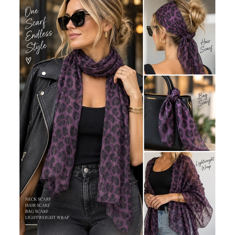 Purple Black Leopard Print Sheer Scarf 60x16 Y2K Animal Print Long Wrap